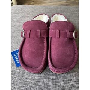 Birkenstock Buckley Shearling Maroon Suede Clogs Mules Size 38 L7 M5 Maroon